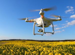 Drone Flying Over Field Inspecting Crops